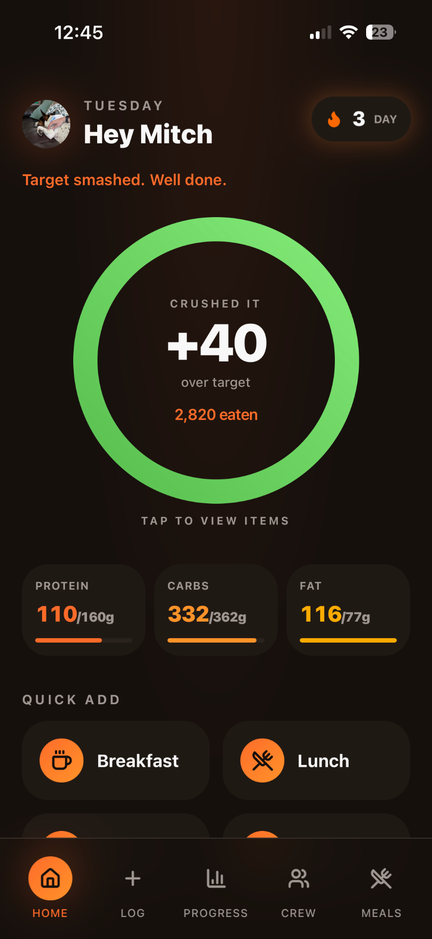 GAINR app showing daily calorie goal crushed